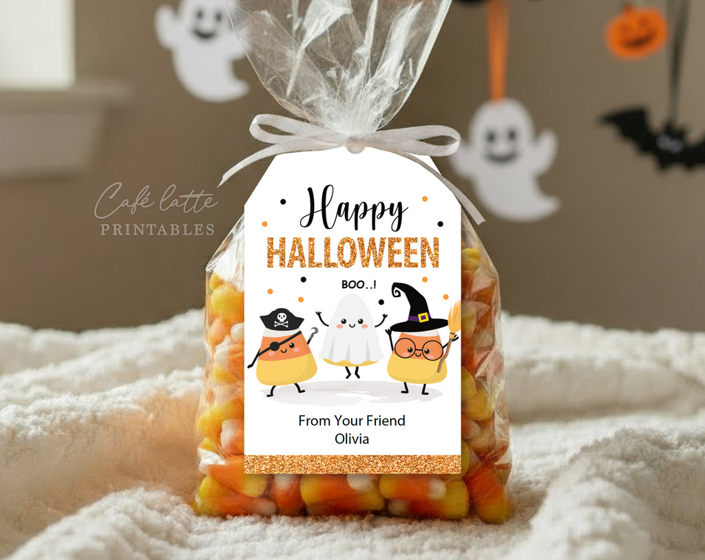 Halloween candy corn gift tags, Happy Halloween printable candy bag gift tags, Happy Halloween labels editable template gift tag DIY, Custom gift labels for Halloween candy bags, Kids teacher school gift tags with candy corn witch pirate and ghost, Cheap Halloween gift tags instant download, Halloween business company corporate gift tags, This may sound corny gift tags
