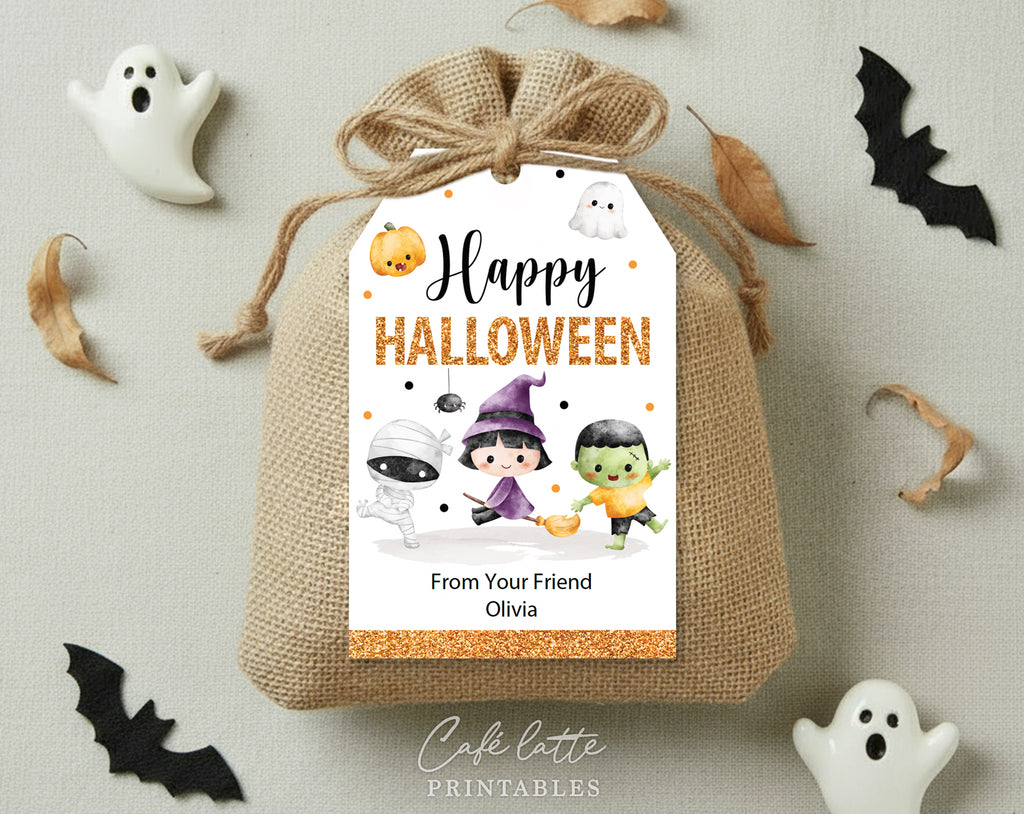 Halloween gift tags, Halloween printable gift tags, Happy Halloween labels editable template gift tag DIY, Custom gift labels for Halloween candy bags, Kids teacher school gift tags with witch mummy pumpkin ghost and Frankenstein, Cheap Halloween gift tags instant download