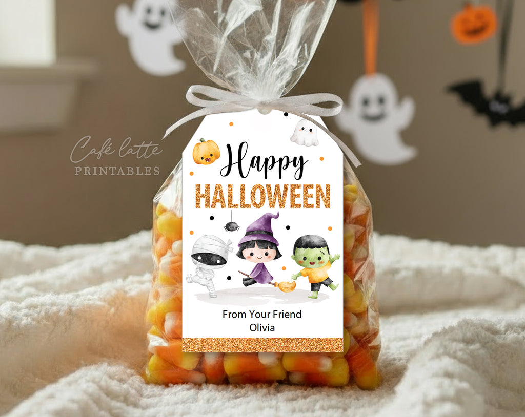 Halloween gift tags, Halloween printable gift tags, Happy Halloween labels editable template gift tag DIY, Custom gift labels for Halloween candy bags, Kids teacher school gift tags with witch mummy pumpkin ghost and Frankenstein, Cheap Halloween gift tags instant download