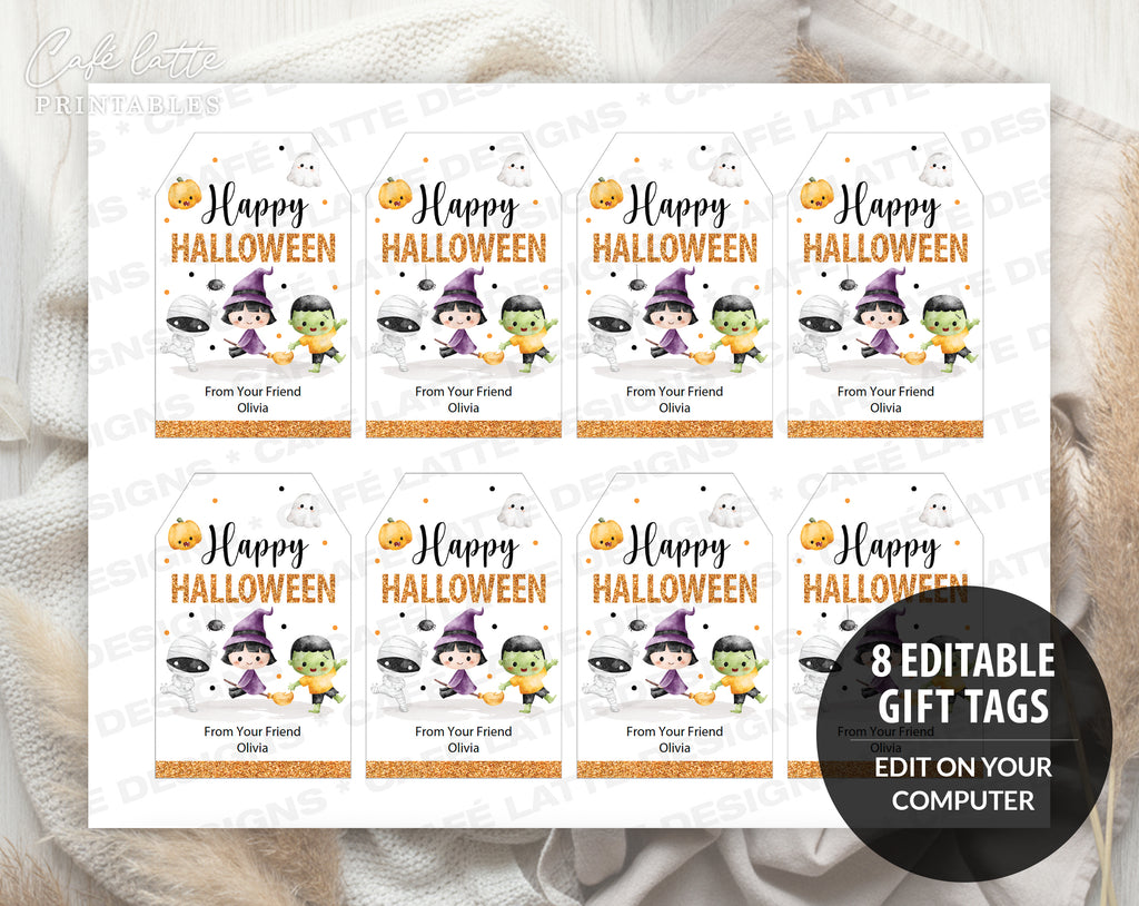 Halloween gift tags, Halloween printable gift tags, Happy Halloween labels editable template gift tag DIY, Custom gift labels for Halloween candy bags, Kids teacher school gift tags with witch mummy pumpkin ghost and Frankenstein, Cheap Halloween gift tags instant download