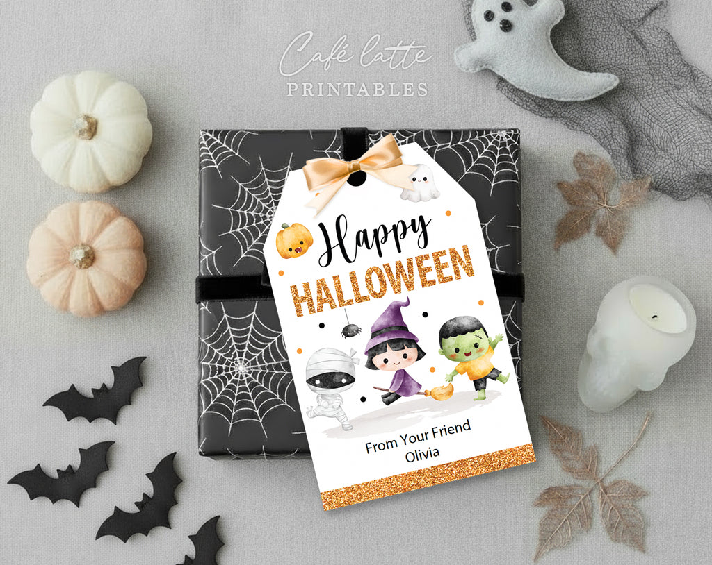 Halloween gift tags, Halloween printable gift tags, Happy Halloween labels editable template gift tag DIY, Custom gift labels for Halloween candy bags, Kids teacher school gift tags with witch mummy pumpkin ghost and Frankenstein, Cheap Halloween gift tags instant download
