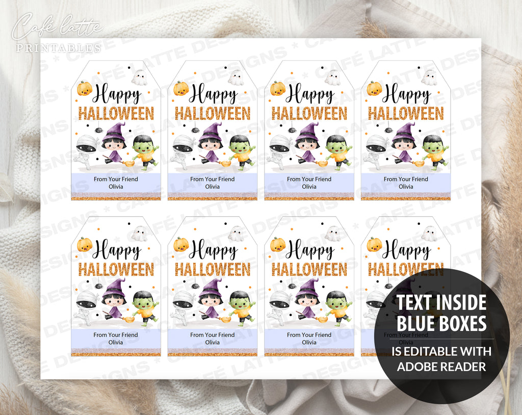 Halloween gift tags, Halloween printable gift tags, Happy Halloween labels editable template gift tag DIY, Custom gift labels for Halloween candy bags, Kids teacher school gift tags with witch mummy pumpkin ghost and Frankenstein, Cheap Halloween gift tags instant download
