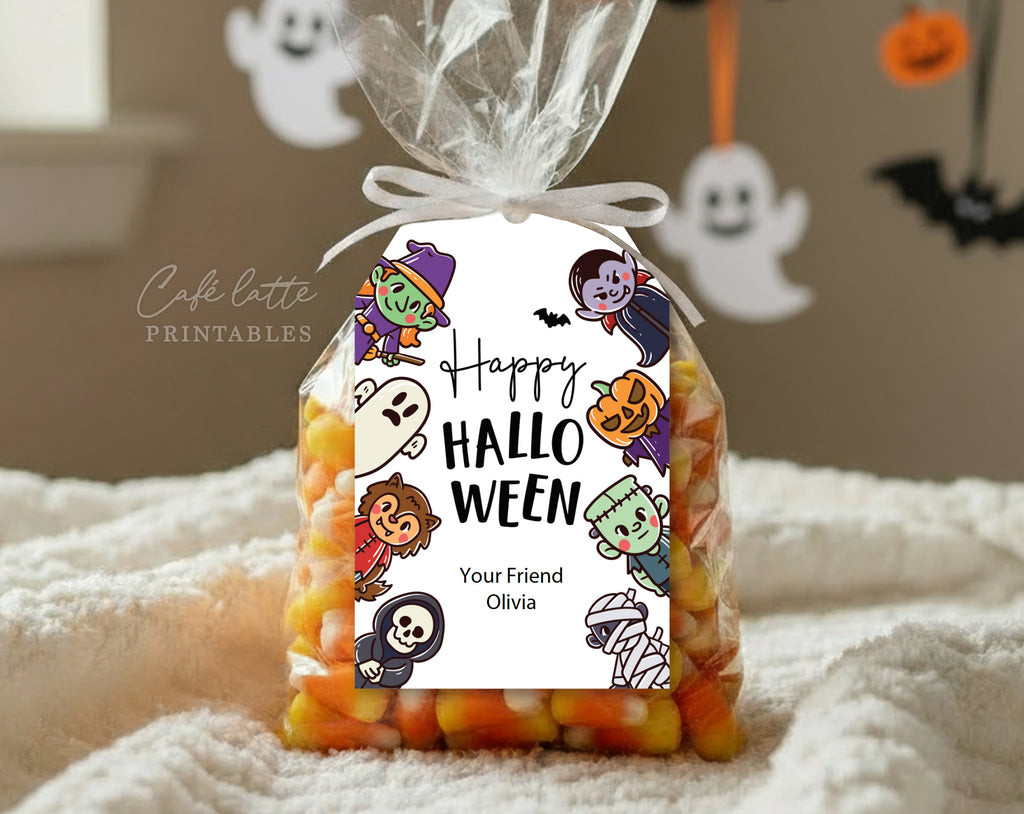 Halloween monsters gift tags, Happy Halloween printable candy bag gift tags, Happy Halloween labels editable template gift tag DIY, Custom gift labels for Halloween candy bags, Kids teacher school gift tags with witch ghost vampire and mummy, Cheap Halloween gift tags instant download, Halloween business company corporate gift tags, Halloween costume party thank you gift tags