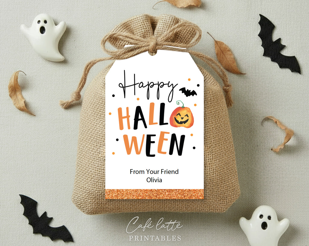 Halloween gift tags, Happy Halloween printable gift tags, Happy Halloween labels editable template gift tag DIY, Custom gift labels for Halloween candy bags, Kids teacher school gift tags with pumpkin and bat, Cheap Halloween gift tags instant download, Halloween business company corporate gift tags