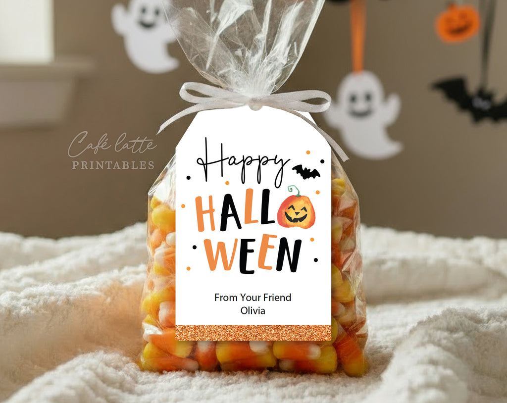 Halloween gift tags, Happy Halloween printable gift tags, Happy Halloween labels editable template gift tag DIY, Custom gift labels for Halloween candy bags, Kids teacher school gift tags with pumpkin and bat, Cheap Halloween gift tags instant download, Halloween business company corporate gift tags