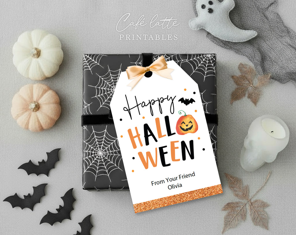 Halloween gift tags, Happy Halloween printable gift tags, Happy Halloween labels editable template gift tag DIY, Custom gift labels for Halloween candy bags, Kids teacher school gift tags with pumpkin and bat, Cheap Halloween gift tags instant download, Halloween business company corporate gift tags