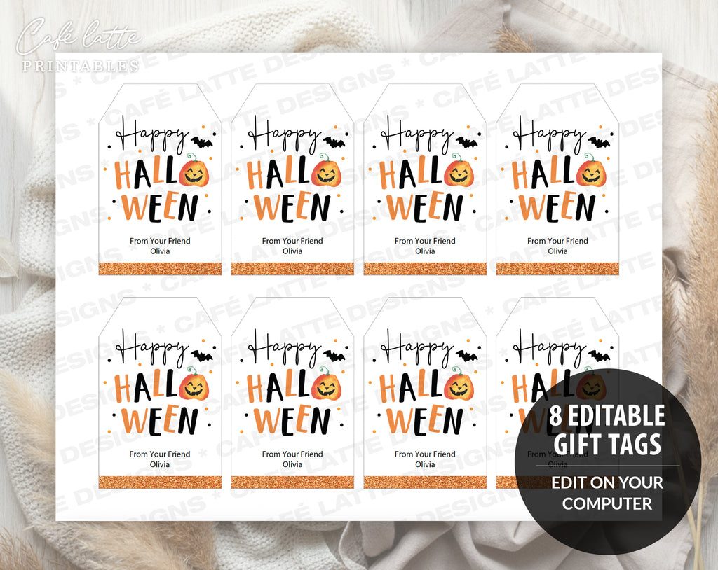 Halloween gift tags, Happy Halloween printable gift tags, Happy Halloween labels editable template gift tag DIY, Custom gift labels for Halloween candy bags, Kids teacher school gift tags with pumpkin and bat, Cheap Halloween gift tags instant download, Halloween business company corporate gift tags