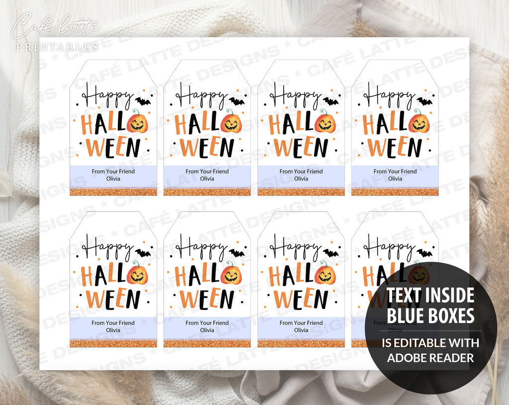 Halloween gift tags, Happy Halloween printable gift tags, Happy Halloween labels editable template gift tag DIY, Custom gift labels for Halloween candy bags, Kids teacher school gift tags with pumpkin and bat, Cheap Halloween gift tags instant download, Halloween business company corporate gift tags