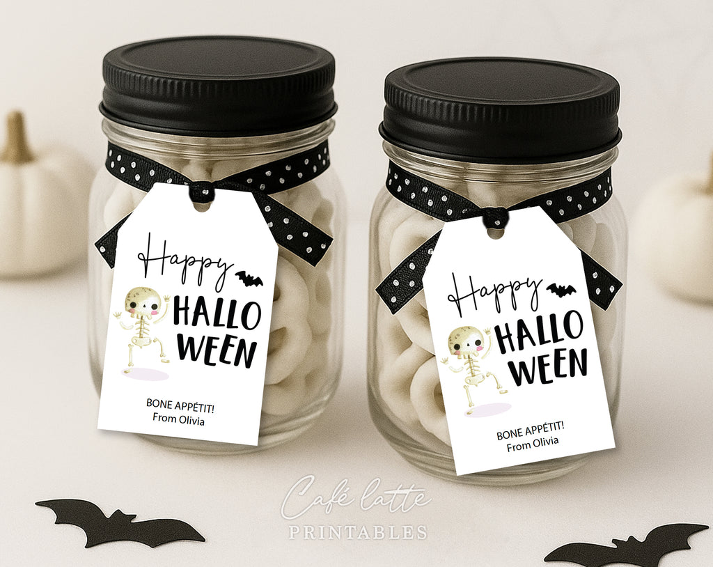 Halloween gift tags, Happy Halloween printable gift tags, Happy Halloween labels editable template gift tag DIY, Custom gift labels for Halloween candy bags, Kids teacher school gift tags with skeleton for yogourt covered pretzels, Cheap Halloween bag of bones gift tags instant download, Halloween business company corporate gift tags, Halloween mason jar black and white gift tags white chocolate covered pretzels, Original no candy Halloween gift for kids
