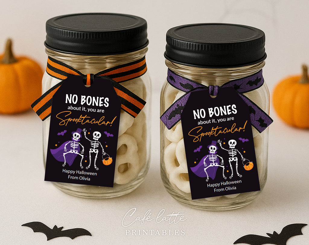  Halloween gift tags, Happy Halloween printable gift tags, Happy Halloween labels editable template gift tag DIY, Custom gift labels for Halloween candy treat bags, Kids teacher school gift tags with skeletons for yogourt or white chocolate covered pretzels, Cheap Halloween bag of bones gift tags instant download, Halloween business company corporate gift tags, Halloween mason jar glass bottle gift tags white chocolate covered pretzels, Original no candy Halloween gift for kids