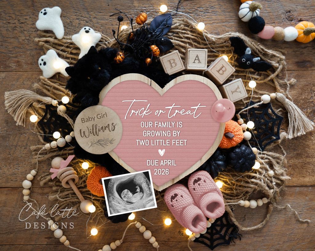 Halloween girl pregnancy announcement digital reveal for social media, Halloween baby girl announcement digital image with pumpkins, baby booties and pink heart letter board, Trick or treat our family is growing by two little feet, Its a girl gender reveal digital announcement, October baby girl, Halloween bat ghosts pumpkins Pregnancy reveal instant download DIY
