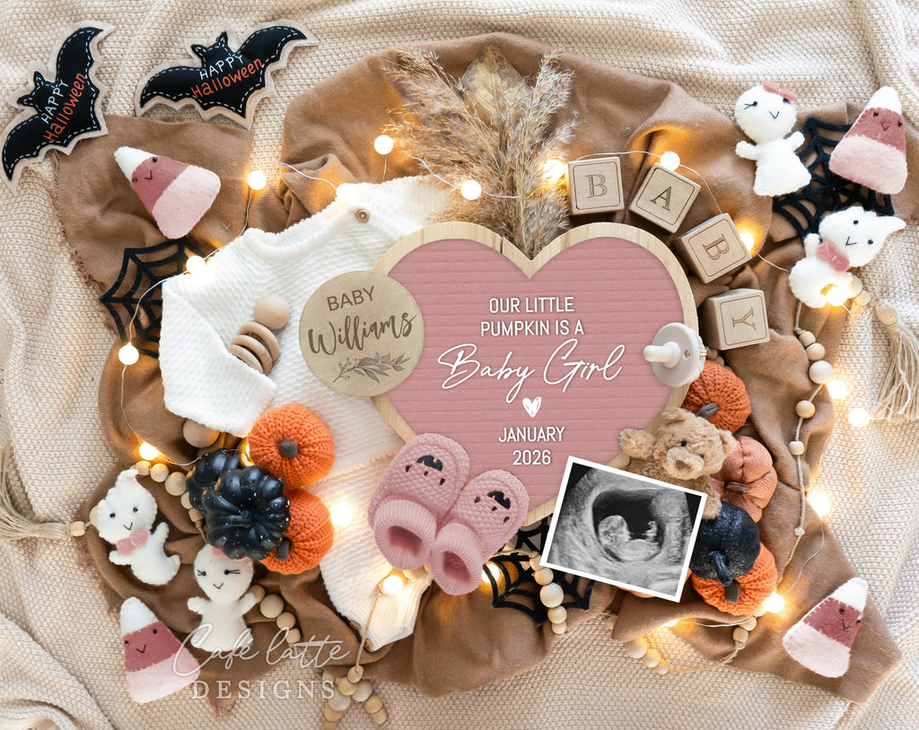 Halloween girl pregnancy announcement digital reveal for social media, Halloween baby girl announcement digital image with candy corn, little ghosts, pumpkins, baby booties and pink heart letter board, Our little pumpkin is a baby girl, Its a girl gender reveal digital announcement, October baby girl, Halloween bat ghosts pumpkins Pregnancy reveal instant download DIY
