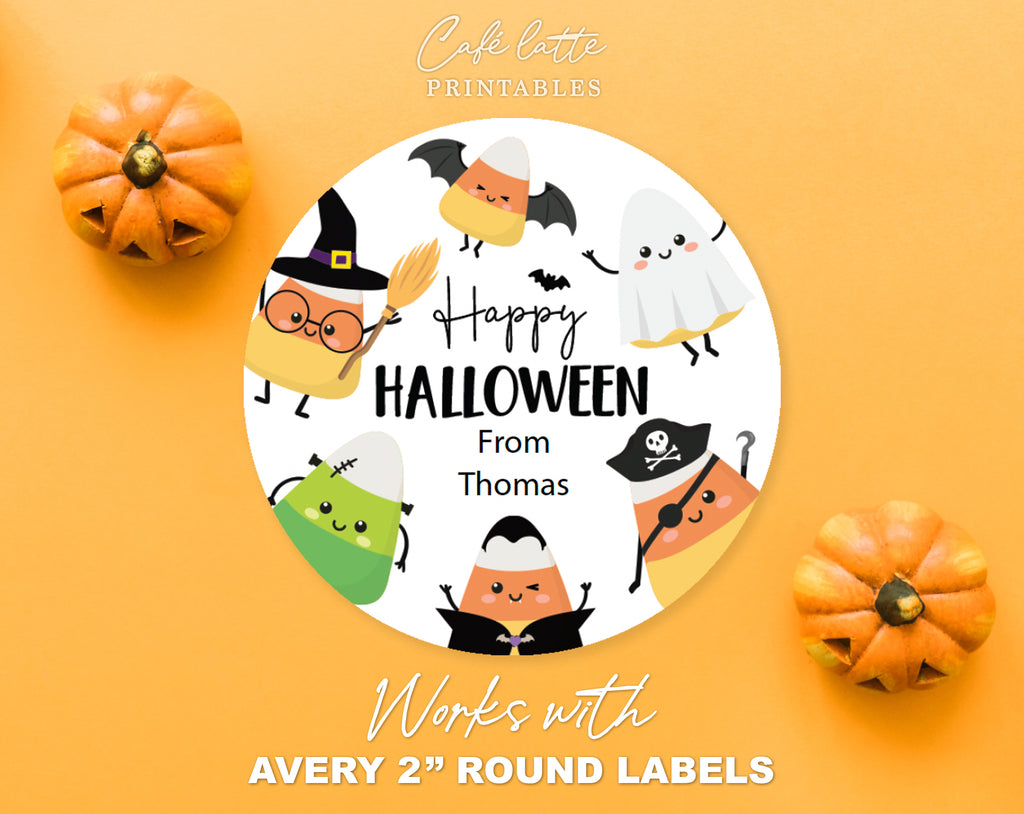 Halloween round stickers labels printable, Halloween printable gift labels, Happy Halloween labels editable template gift tag DIY, Custom gift sticker labels for Halloween candy bags, Kids teacher school gift tags with candy corn witch bat vampire and pirate, Cheap Halloween sweet treat candy corn gift tags instant download, Halloween Avery 2 inch round labels sticker sheet printable, This may sound corny labels