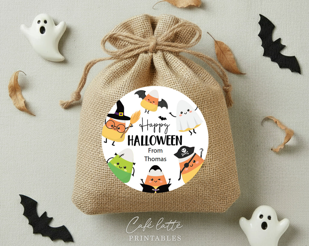 Halloween round stickers labels printable, Halloween printable gift labels, Happy Halloween labels editable template gift tag DIY, Custom gift sticker labels for Halloween candy bags, Kids teacher school gift tags with candy corn witch bat vampire and pirate, Cheap Halloween sweet treat candy corn gift tags instant download, Halloween Avery 2 inch round labels sticker sheet printable, This may sound corny labels