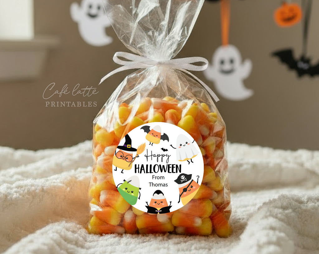 Halloween round stickers labels printable, Halloween printable gift labels, Happy Halloween labels editable template gift tag DIY, Custom gift sticker labels for Halloween candy bags, Kids teacher school gift tags with candy corn witch bat vampire and pirate, Cheap Halloween sweet treat candy corn gift tags instant download, Halloween Avery 2 inch round labels sticker sheet printable, This may sound corny labels