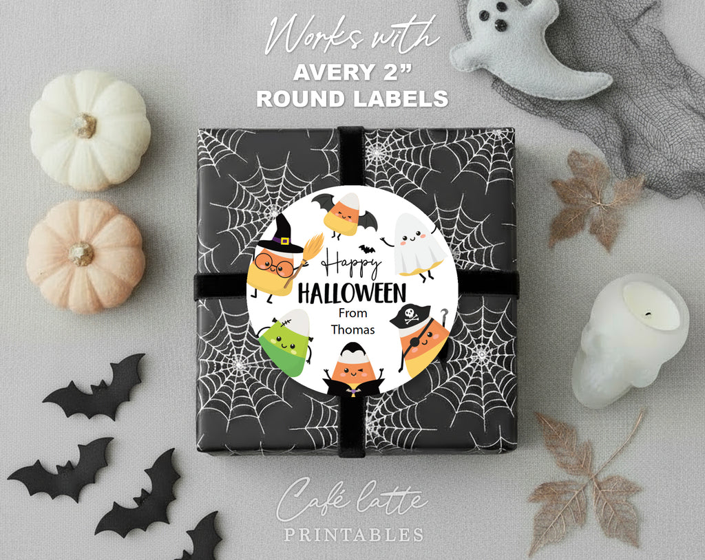Halloween round stickers labels printable, Halloween printable gift labels, Happy Halloween labels editable template gift tag DIY, Custom gift sticker labels for Halloween candy bags, Kids teacher school gift tags with candy corn witch bat vampire and pirate, Cheap Halloween sweet treat candy corn gift tags instant download, Halloween Avery 2 inch round labels sticker sheet printable, This may sound corny labels