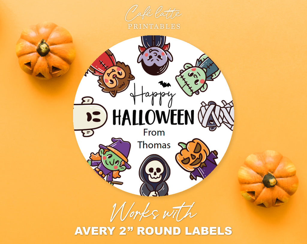 Halloween round stickers labels printable, Halloween printable gift labels, Happy Halloween labels editable template gift tag DIY, Custom gift sticker labels for Halloween candy bags, Kids teacher school gift tags with witch ghost vampire and mummy, Cheap Halloween sweet treat candy gift tags instant download, Halloween Avery 2 inch round labels sticker sheet printable