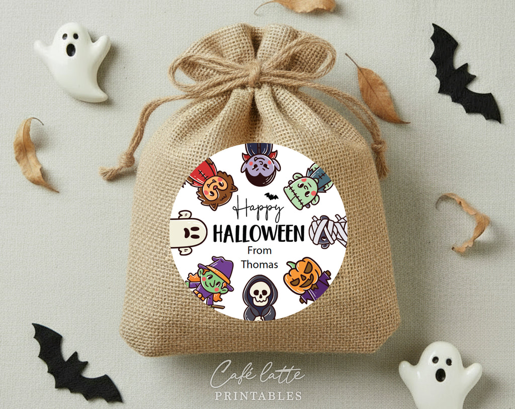 Halloween round stickers labels printable, Halloween printable gift labels, Happy Halloween labels editable template gift tag DIY, Custom gift sticker labels for Halloween candy bags, Kids teacher school gift tags with witch ghost vampire and mummy, Cheap Halloween sweet treat candy gift tags instant download, Halloween Avery 2 inch round labels sticker sheet printable