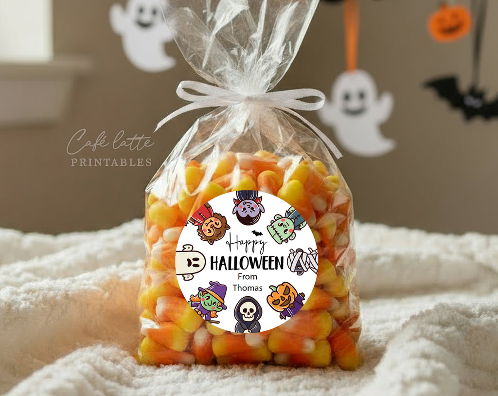 Halloween round stickers labels printable, Halloween printable gift labels, Happy Halloween labels editable template gift tag DIY, Custom gift sticker labels for Halloween candy bags, Kids teacher school gift tags with witch ghost vampire and mummy, Cheap Halloween sweet treat candy gift tags instant download, Halloween Avery 2 inch round labels sticker sheet printable