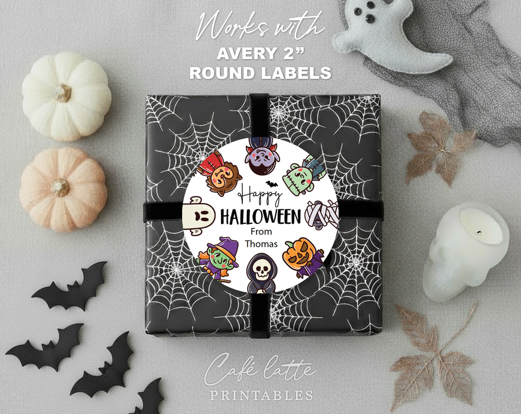 Halloween round stickers labels printable, Halloween printable gift labels, Happy Halloween labels editable template gift tag DIY, Custom gift sticker labels for Halloween candy bags, Kids teacher school gift tags with witch ghost vampire and mummy, Cheap Halloween sweet treat candy gift tags instant download, Halloween Avery 2 inch round labels sticker sheet printable