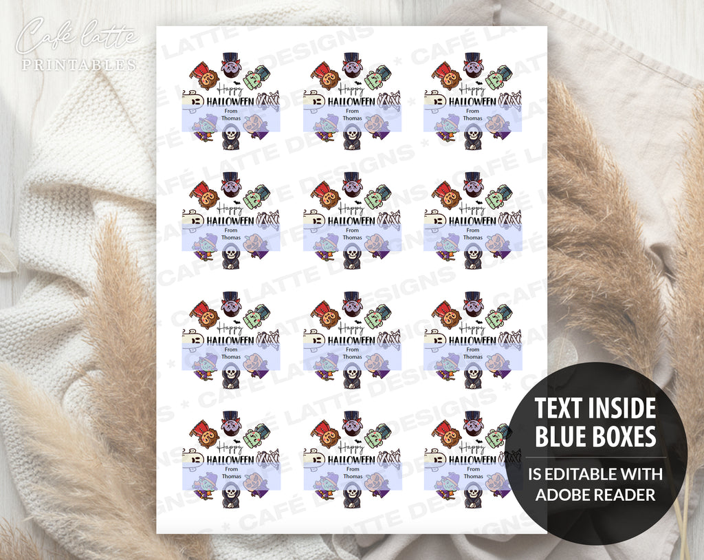 Halloween round stickers labels printable, Halloween printable gift labels, Happy Halloween labels editable template gift tag DIY, Custom gift sticker labels for Halloween candy bags, Kids teacher school gift tags with witch ghost vampire and mummy, Cheap Halloween sweet treat candy gift tags instant download, Halloween Avery 2 inch round labels sticker sheet printable