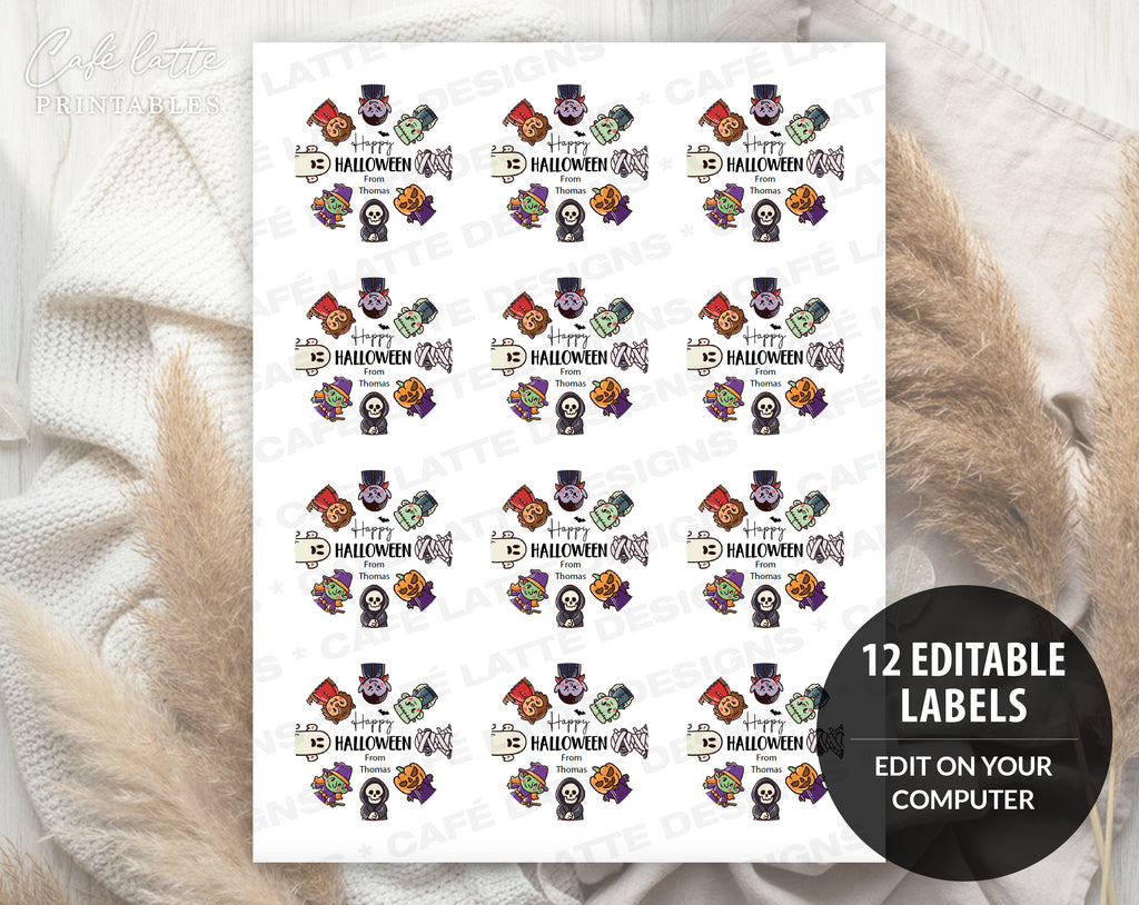 Halloween round stickers labels printable, Halloween printable gift labels, Happy Halloween labels editable template gift tag DIY, Custom gift sticker labels for Halloween candy bags, Kids teacher school gift tags with witch ghost vampire and mummy, Cheap Halloween sweet treat candy gift tags instant download, Halloween Avery 2 inch round labels sticker sheet printable