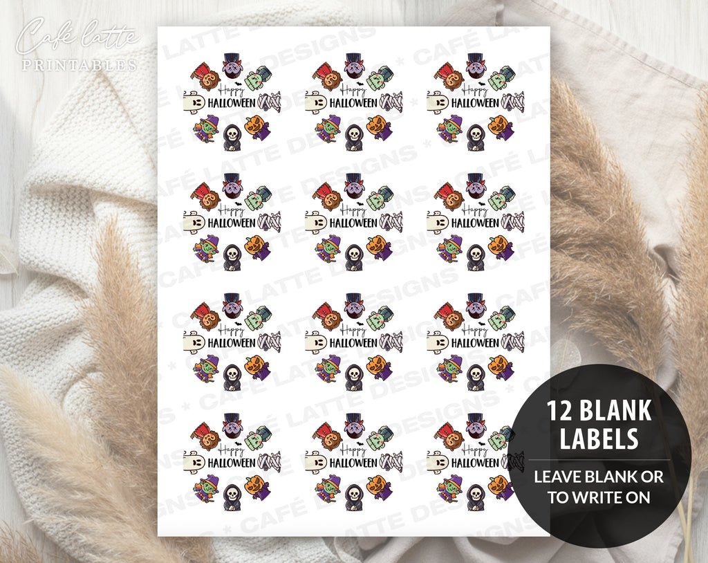 Halloween round stickers labels printable, Halloween printable gift labels, Happy Halloween labels editable template gift tag DIY, Custom gift sticker labels for Halloween candy bags, Kids teacher school gift tags with witch ghost vampire and mummy, Cheap Halloween sweet treat candy gift tags instant download, Halloween Avery 2 inch round labels sticker sheet printable