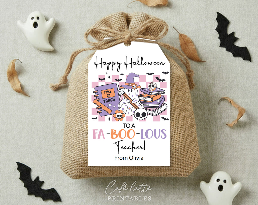 Halloween gift tags for teacher, Halloween teacher printable gift tags, Happy Halloween to a fabulous teacher labels editable template gift tag DIY, Custom gift labels for Halloween teacher candy bags, Kids teacher school gift tags a spooky treat for someone sweet, Cheap Halloween sweet treat candy gift tags instant download