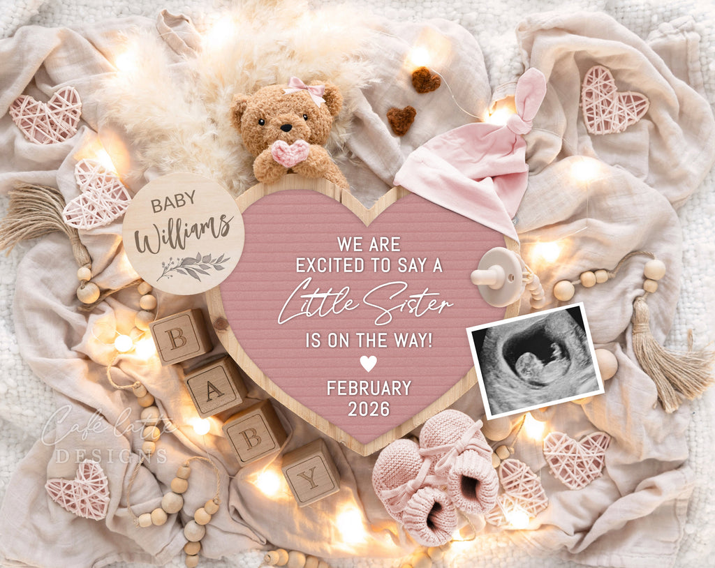 Girl gender reveal pregnancy announcement digital, Girl gender reveal announcement husband, Its a girl template, Little Sister Girl Gender reveal grandparents, Pregnancy reveal, Gender reveal gift, Girl teddy bear pampas pink heart letter board, we are excited to say a little sister is on the way