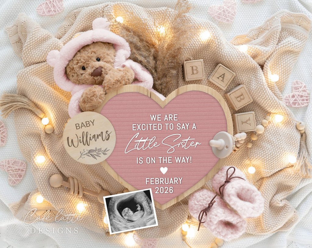 Little sister girl gender reveal pregnancy announcement digital, Girl gender reveal announcement husband, Its a girl template, Gender reveal grandparents, Pregnancy reveal, Gender reveal gift, Girl bear pampas heart board pink, We are excited to say a little sister is on the way, Second 2nd child sibling announcement