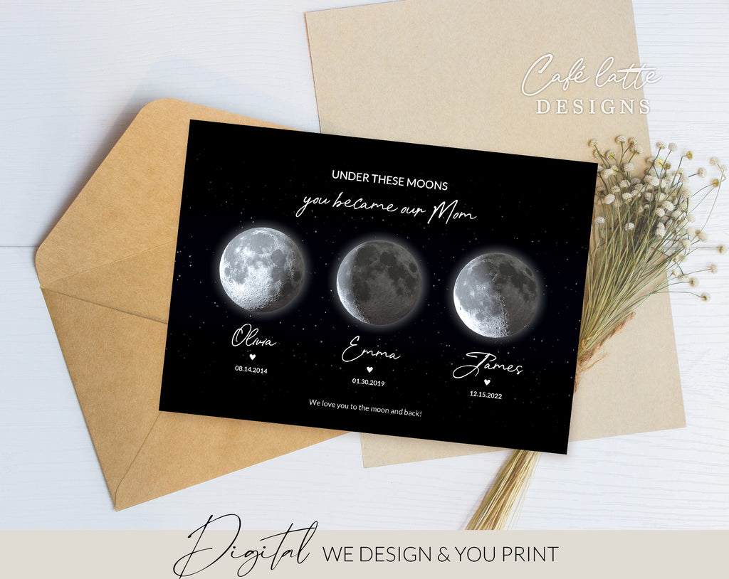 Custom Moon Phase Printable, Moon Phase Gift for Mom, Christmas Mothers Day Thoughtful Gift, Personalized Digital Moon Phase Birthday Gift Print, Custom Moon Phase Card, First Mothers Day Gift from baby printable poster for picture frame, All childrens birthday in moon phase original gift for mom mother, Moms night sky poster printable gift, Under these moons you became our mom, Happy Mothers Day unique gift