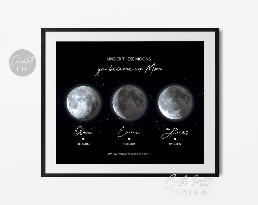 Custom Moon Phase Printable, Moon Phase Gift for Mom, Christmas Mothers Day Thoughtful Gift, Personalized Digital Moon Phase Birthday Gift Print, Custom Moon Phase Card, First Mothers Day Gift from baby printable poster for picture frame, All childrens birthday in moon phase original gift for mom mother, Moms night sky poster printable gift, Under these moons you became our mom, Happy Mothers Day unique gift