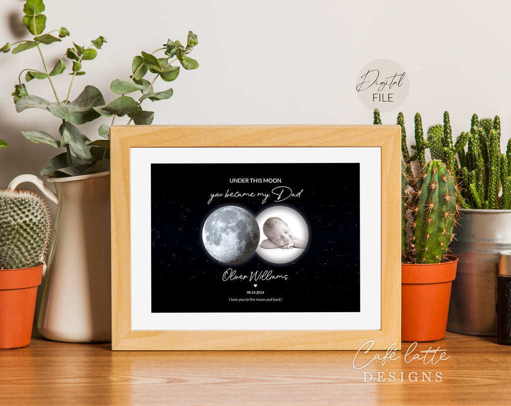 Custom Moon Phase Printable, Moon Phase Gift for Dad, Father's Day Thoughtful Gift, Personalized Digital Moon Phase Birthday Gift Print, Custom Moon Phase Card, First Fathers Day Gift from baby printable poster for picture frame, Childs birthday in moon phase original gift for dad, Dads night sky poster printable gift, Under these moons you became my dad, Happy Fathers Day gift, Birthday gift for dad, Christmas gift for dad