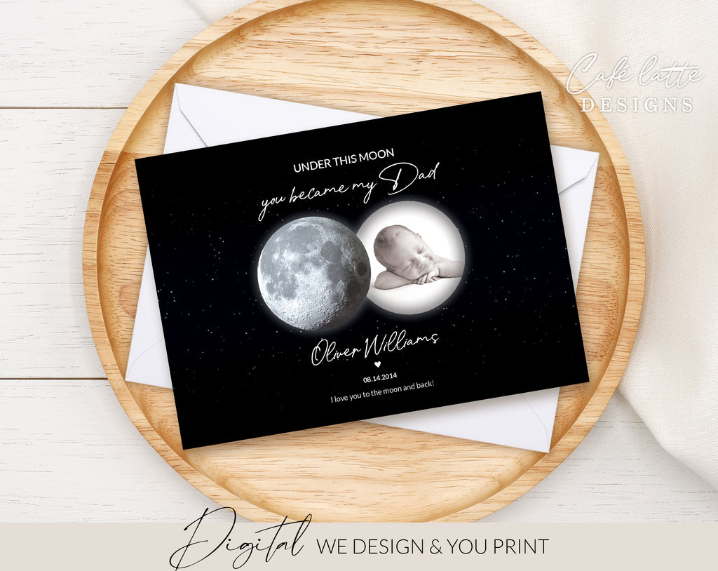 Custom Moon Phase Printable, Moon Phase Gift for Dad, Father's Day Thoughtful Gift, Personalized Digital Moon Phase Birthday Gift Print, Custom Moon Phase Card, First Fathers Day Gift from baby printable poster for picture frame, Childs birthday in moon phase original gift for dad, Dads night sky poster printable gift, Under these moons you became my dad, Happy Fathers Day gift, Birthday gift for dad, Christmas gift for dad