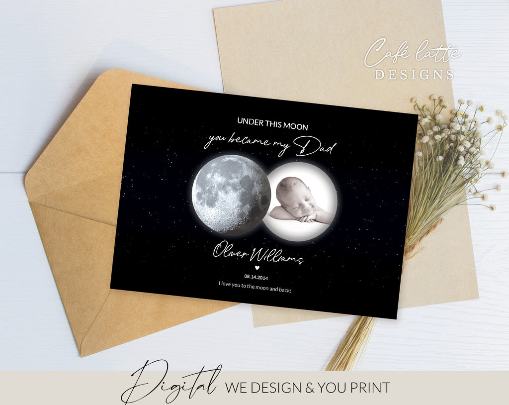 Custom Moon Phase Printable, Moon Phase Gift for Dad, Father's Day Thoughtful Gift, Personalized Digital Moon Phase Birthday Gift Print, Custom Moon Phase Card, First Fathers Day Gift from baby printable poster for picture frame, Childs birthday in moon phase original gift for dad, Dads night sky poster printable gift, Under these moons you became my dad, Happy Fathers Day gift, Birthday gift for dad, Christmas gift for dad