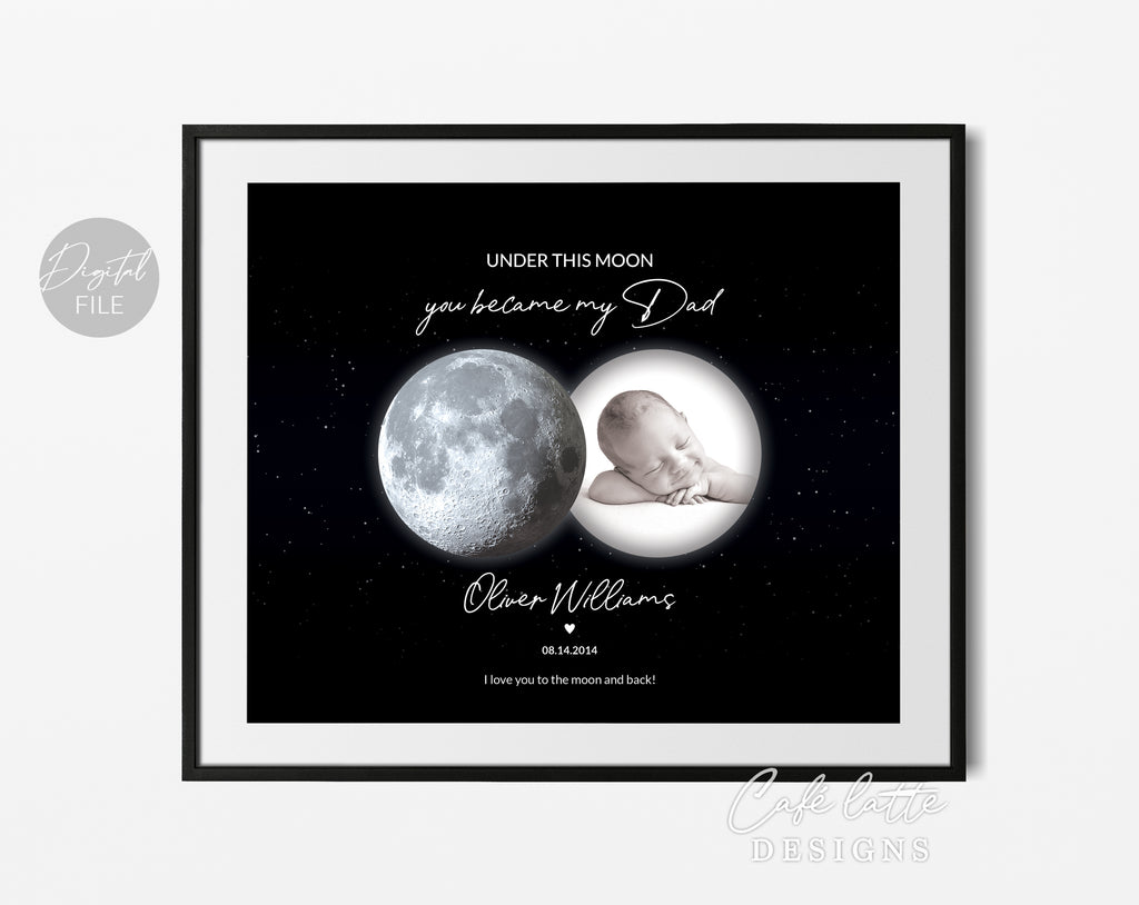 Custom Moon Phase Printable, Moon Phase Gift for Dad, Father's Day Thoughtful Gift, Personalized Digital Moon Phase Birthday Gift Print, Custom Moon Phase Card, First Fathers Day Gift from baby printable poster for picture frame, Childs birthday in moon phase original gift for dad, Dads night sky poster printable gift, Under these moons you became my dad, Happy Fathers Day gift, Birthday gift for dad, Christmas gift for dad