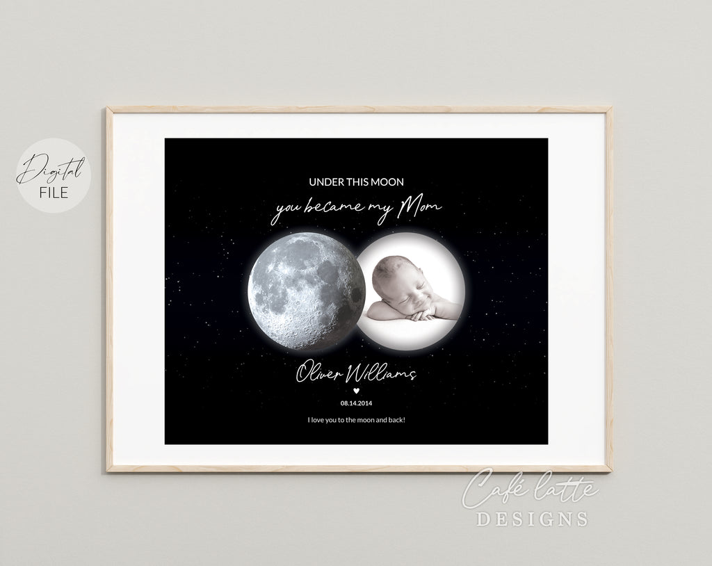 Custom Moon Phase Printable, Moon Phase Gift for Mom, Mother's Day Thoughtful Gift, Personalized Digital Moon Phase Birthday Gift Print, Custom Moon Phase Card, First Mothers Day Gift from baby printable poster for picture frame, Childs birthday in moon phase original gift for mom, Moms night sky poster printable gift, Under these moons you became my mom, Happy Mothers Day gift, Birthday gift for mom, Christmas gift for mom