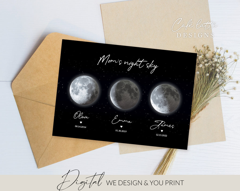 Custom Moon Phase Printable, Moon Phase Gift for Mom, Christmas Mothers Day Thoughtful Gift, Personalized Digital Moon Phase Birthday Gift Print, Custom Moon Phase Card, First Mothers Day Gift from baby printable poster for picture frame, All childrens birthday in moon phase original gift for mom, Moms night sky poster printable gift