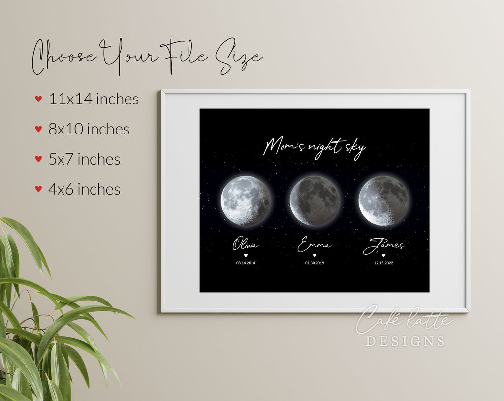 Custom Moon Phase Printable, Moon Phase Gift for Mom, Christmas Mothers Day Thoughtful Gift, Personalized Digital Moon Phase Birthday Gift Print, Custom Moon Phase Card, First Mothers Day Gift from baby printable poster for picture frame, All childrens birthday in moon phase original gift for mom, Moms night sky poster printable gift