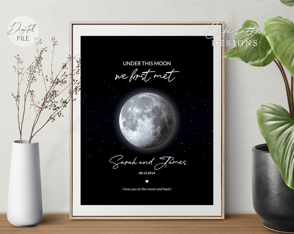 Custom Love Story Moon Phase Printable, Moon Phase Gift for boyfriend girlfriend Husband Wife, Anniversary Thoughtful Gift, Personalized Digital Moon Phase the night we first met Gift Print, Custom Moon Phase Card, First anniversary Gift for boyfriend and girlfriend husband wife printable poster for picture frame, Our Love story moon phase original gift, Our night sky poster printable gift, Under these moons is our love story, Happy Anniversary original gift