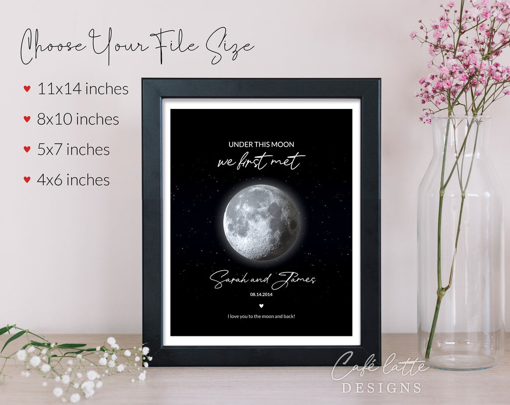 Custom Love Story Moon Phase Printable, Moon Phase Gift for boyfriend girlfriend Husband Wife, Anniversary Thoughtful Gift, Personalized Digital Moon Phase the night we first met Gift Print, Custom Moon Phase Card, First anniversary Gift for boyfriend and girlfriend husband wife printable poster for picture frame, Our Love story moon phase original gift, Our night sky poster printable gift, Under these moons is our love story, Happy Anniversary original gift