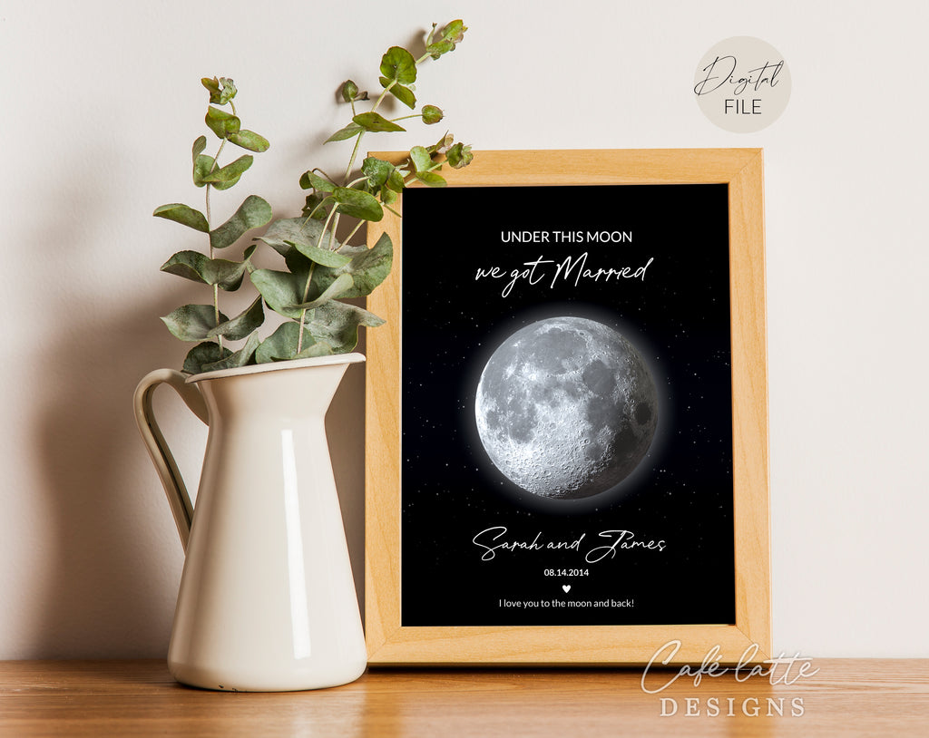 Custom Moon Phase Printable, Moon Phase Gift for Husband Wife, Anniversary Thoughtful Gift, Personalized Digital Moon Phase the night we got married Gift Print, Custom Moon Phase Card, First anniversary Gift for husband and wife printable poster for picture frame, Our Love story moon phase original gift, Our night sky poster printable gift, Under these moons is our love story, Happy Anniversary original gift