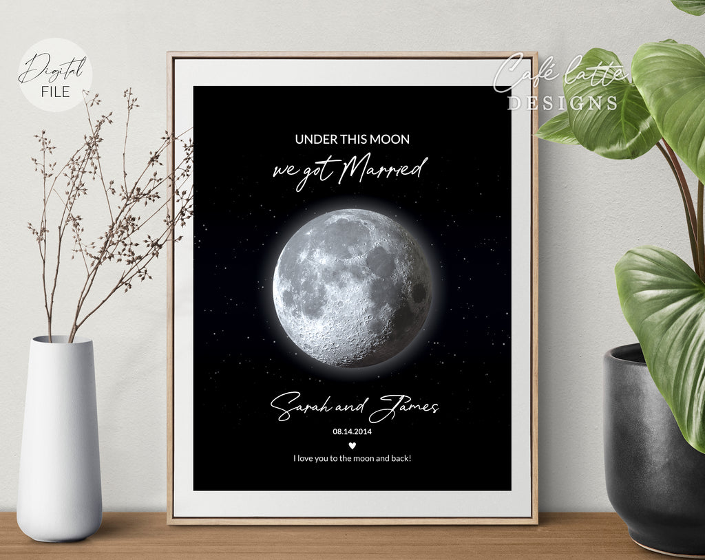 Custom Moon Phase Printable, Moon Phase Gift for Husband Wife, Anniversary Thoughtful Gift, Personalized Digital Moon Phase the night we got married Gift Print, Custom Moon Phase Card, First anniversary Gift for husband and wife printable poster for picture frame, Our Love story moon phase original gift, Our night sky poster printable gift, Under these moons is our love story, Happy Anniversary original gift