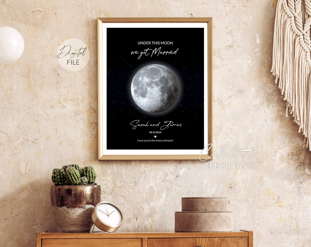 Custom Moon Phase Printable, Moon Phase Gift for Husband Wife, Anniversary Thoughtful Gift, Personalized Digital Moon Phase the night we got married Gift Print, Custom Moon Phase Card, First anniversary Gift for husband and wife printable poster for picture frame, Our Love story moon phase original gift, Our night sky poster printable gift, Under these moons is our love story, Happy Anniversary original gift