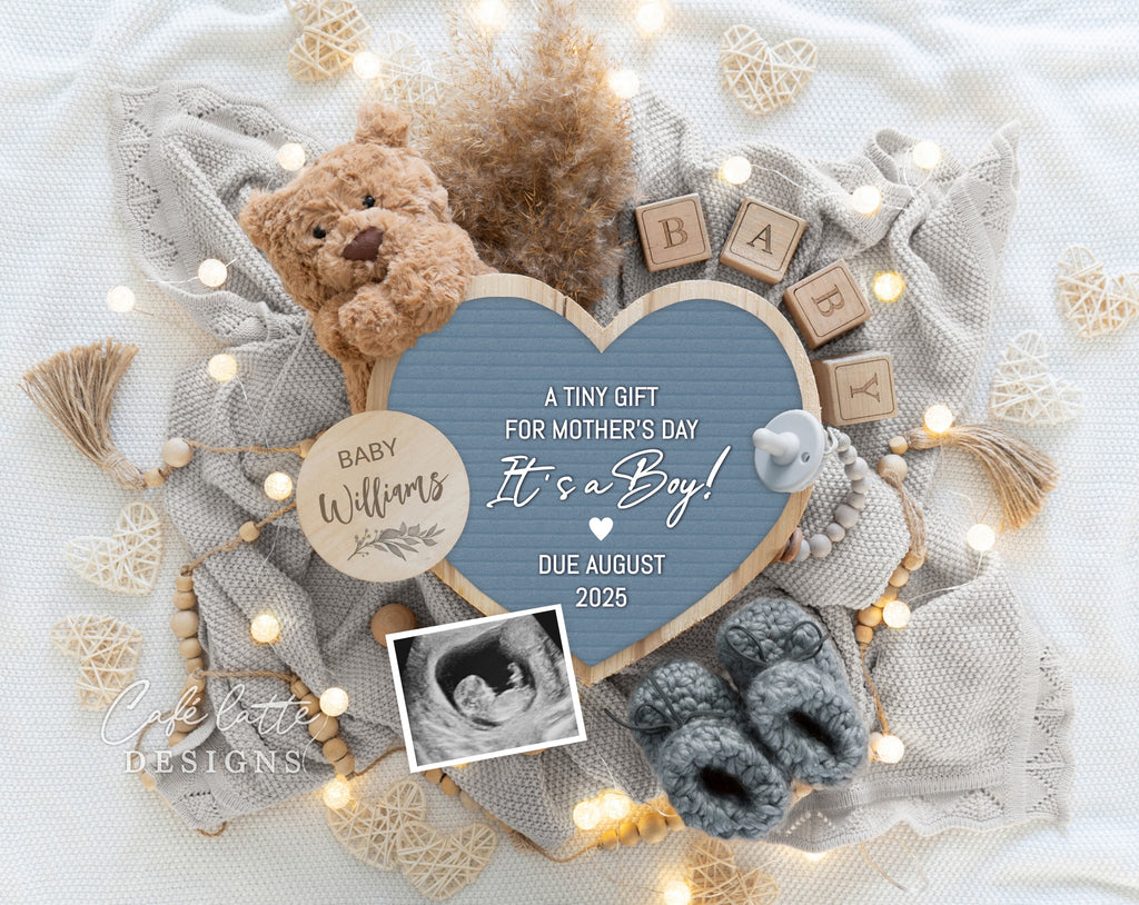 Mothers day boy gender reveal pregnancy announcement digital, Mothers day boy gender reveal announcement husband, Its a boy template, Gender reveal mother mom grandparents, Pregnancy reveal, Gender reveal gift, Boy bear pampas heart board blue, A tiny gift for Mothers day its a boy baby reveal
