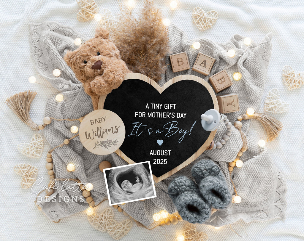 Mothers day boy gender reveal pregnancy announcement digital, Mothers day boy gender reveal announcement husband, Its a boy template, Gender reveal mother mom grandparents, Pregnancy reveal, Gender reveal gift, Boy bear pampas heart board blue, A tiny gift for Mothers day its a boy baby reveal