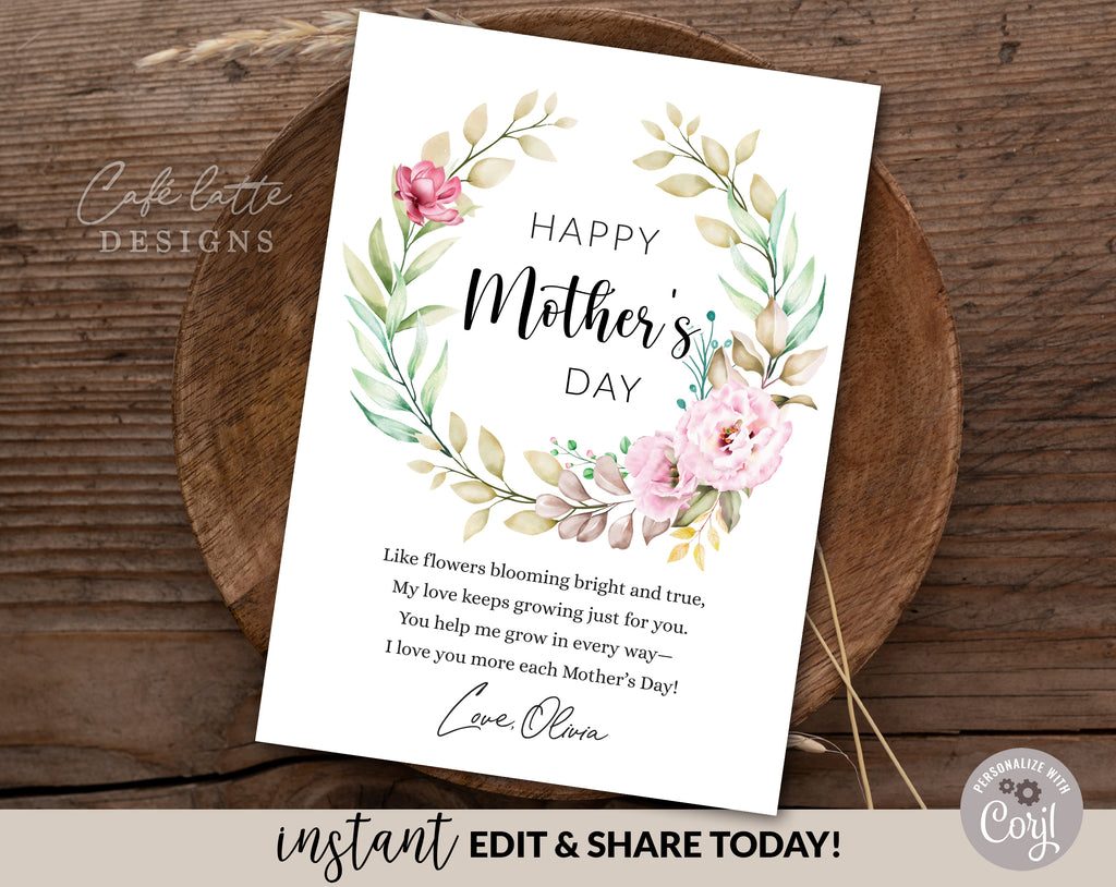 Mothers day card printable, Mothers day personalized card editable template instant download DIY, Mom mum day watercolor flowers ecard digital send by email text message social media, First Mothers day custom personalized card for mom grandma, Minimalist simple Mothers day card, Thoughtful card gift for her, Last minute Mothers day card, Cheap Mothers day card, Flower leaves greenery wreath birthday card