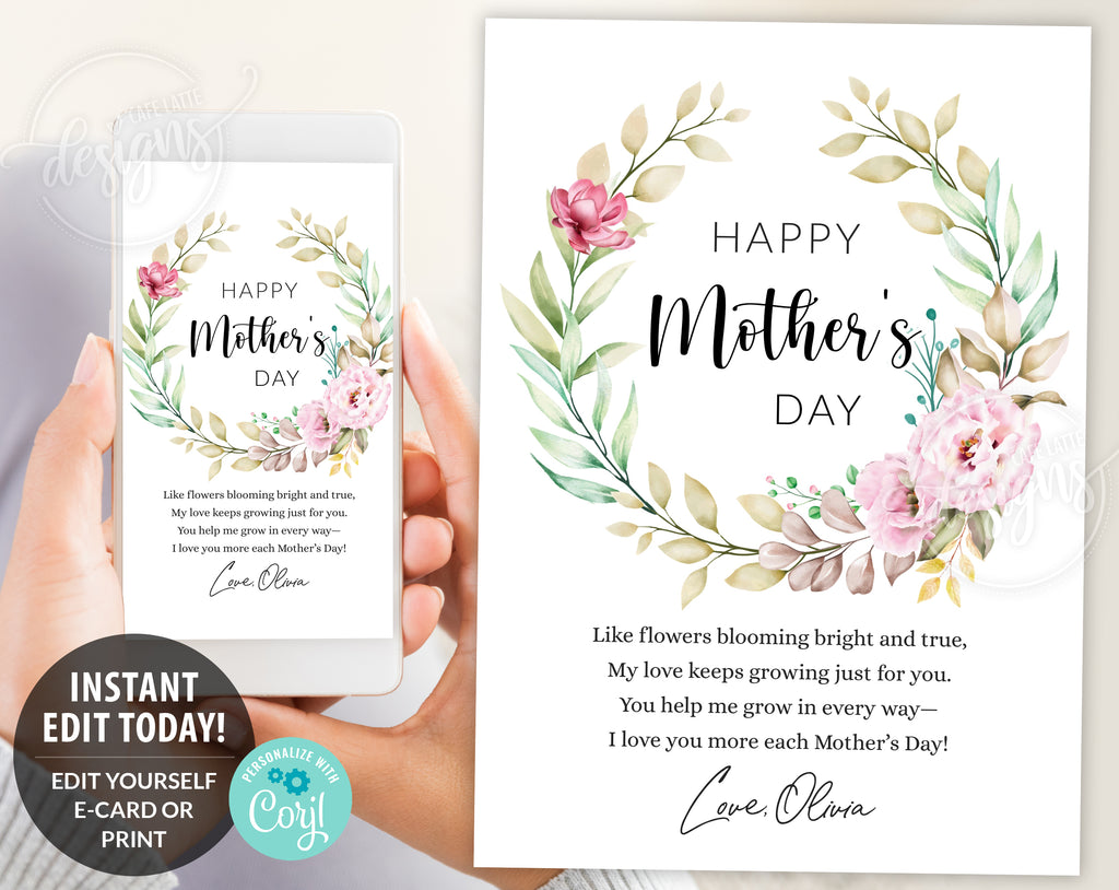 Mothers day card printable, Mothers day personalized card editable template instant download DIY, Mom mum day watercolor flowers ecard digital send by email text message social media, First Mothers day custom personalized card for mom grandma, Minimalist simple Mothers day card, Thoughtful card gift for her, Last minute Mothers day card, Cheap Mothers day card, Flower leaves greenery wreath birthday card
