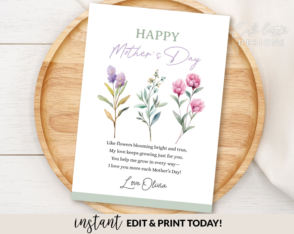 Mothers day card printable, Mothers day personalized card editable template instant download DIY, Mom mum day watercolor flowers ecard digital send by email text message social media, First Mothers day custom personalized card for mom grandma, Minimalist simple Mothers day card, Thoughtful card gift for her, Last minute Mothers day card, Cheap Mothers day card, Flower leaves greenery wreath birthday card