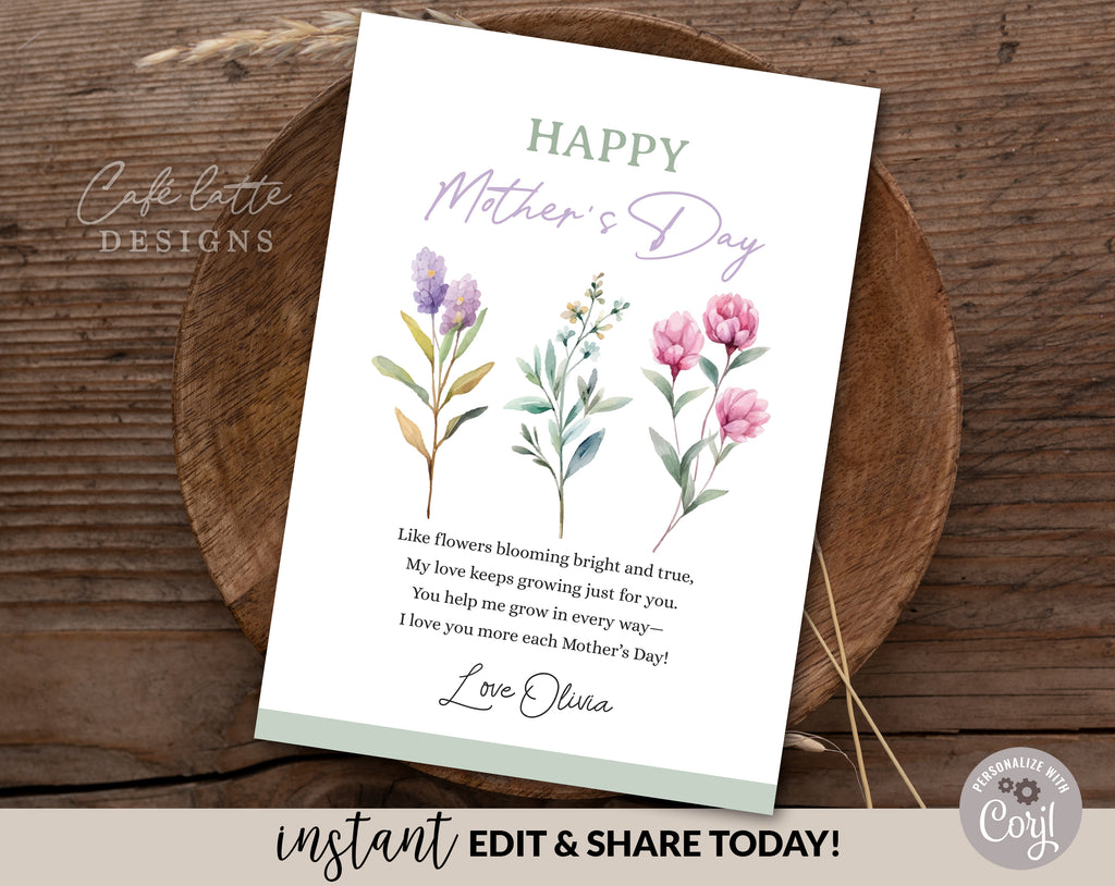 Mothers day card printable, Mothers day personalized card editable template instant download DIY, Mom mum day watercolor flowers ecard digital send by email text message social media, First Mothers day custom personalized card for mom grandma, Minimalist simple Mothers day card, Thoughtful card gift for her, Last minute Mothers day card, Cheap Mothers day card, Flower leaves greenery wreath birthday card